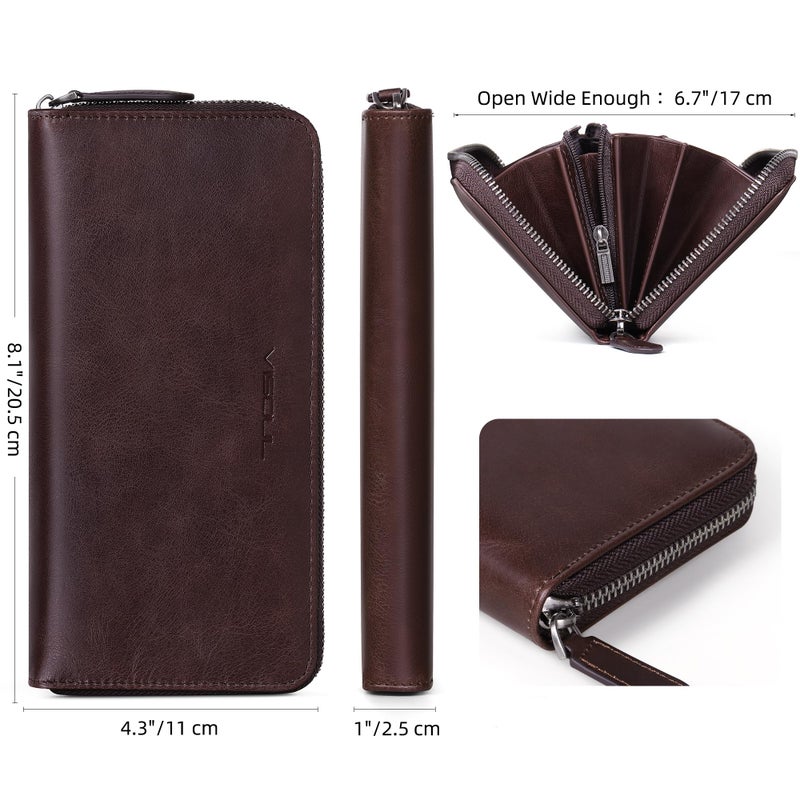 VISOUL Leather Long Zipper Pouch Wallet for Men and Women with RFID Blocking, Large Clutch Cash Long Wallet with Zipper (Coffee) - Image 4